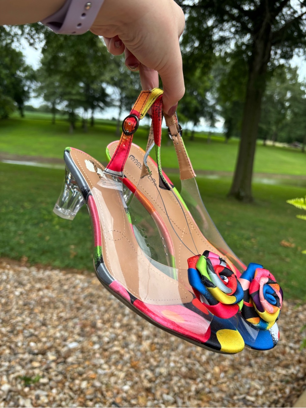 Clear Slingback Heels with Multicolor Floral Rosette